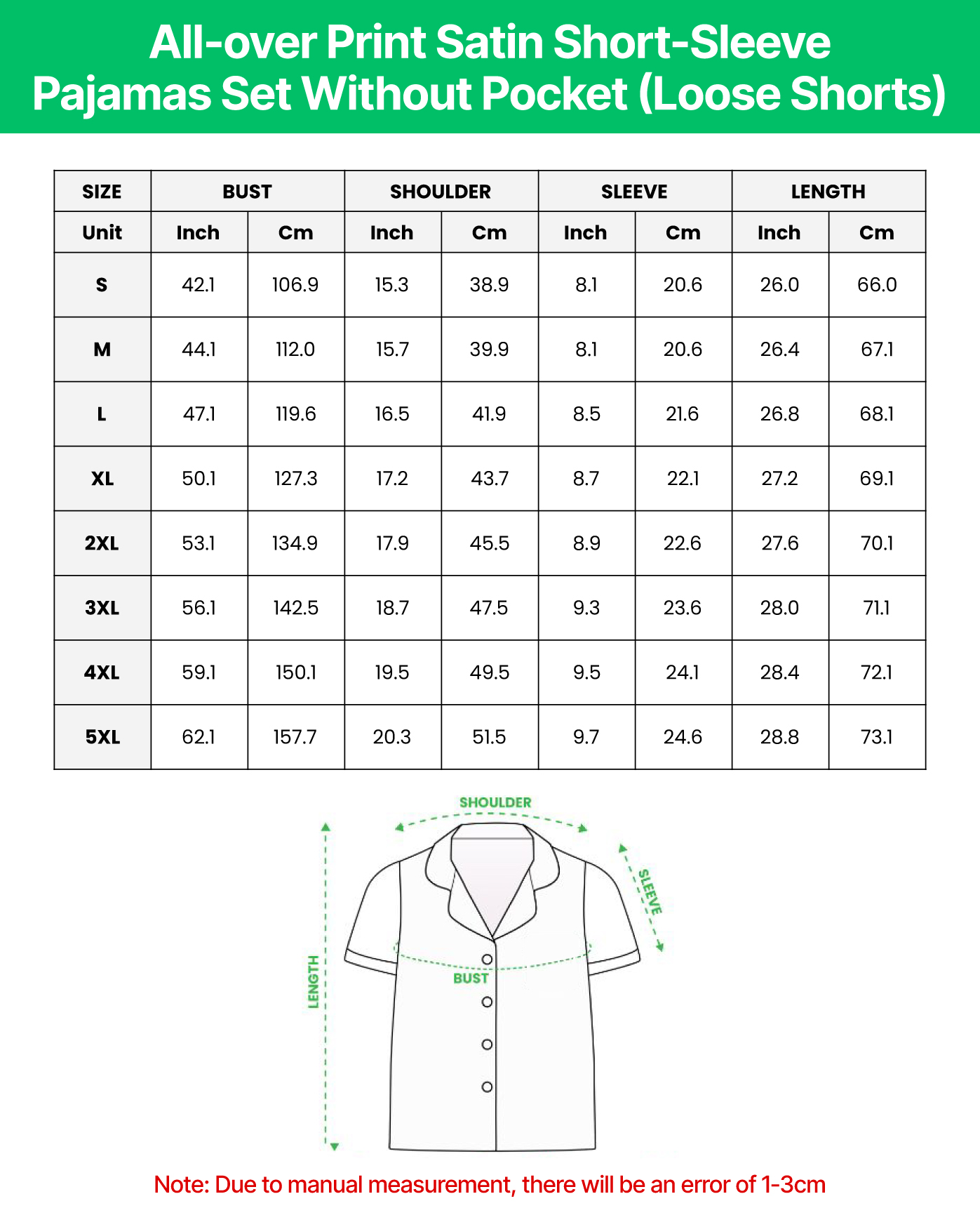 All-over Print Satin Short-Sleeve Pajamas Set Without Pocket (Loose Shorts)