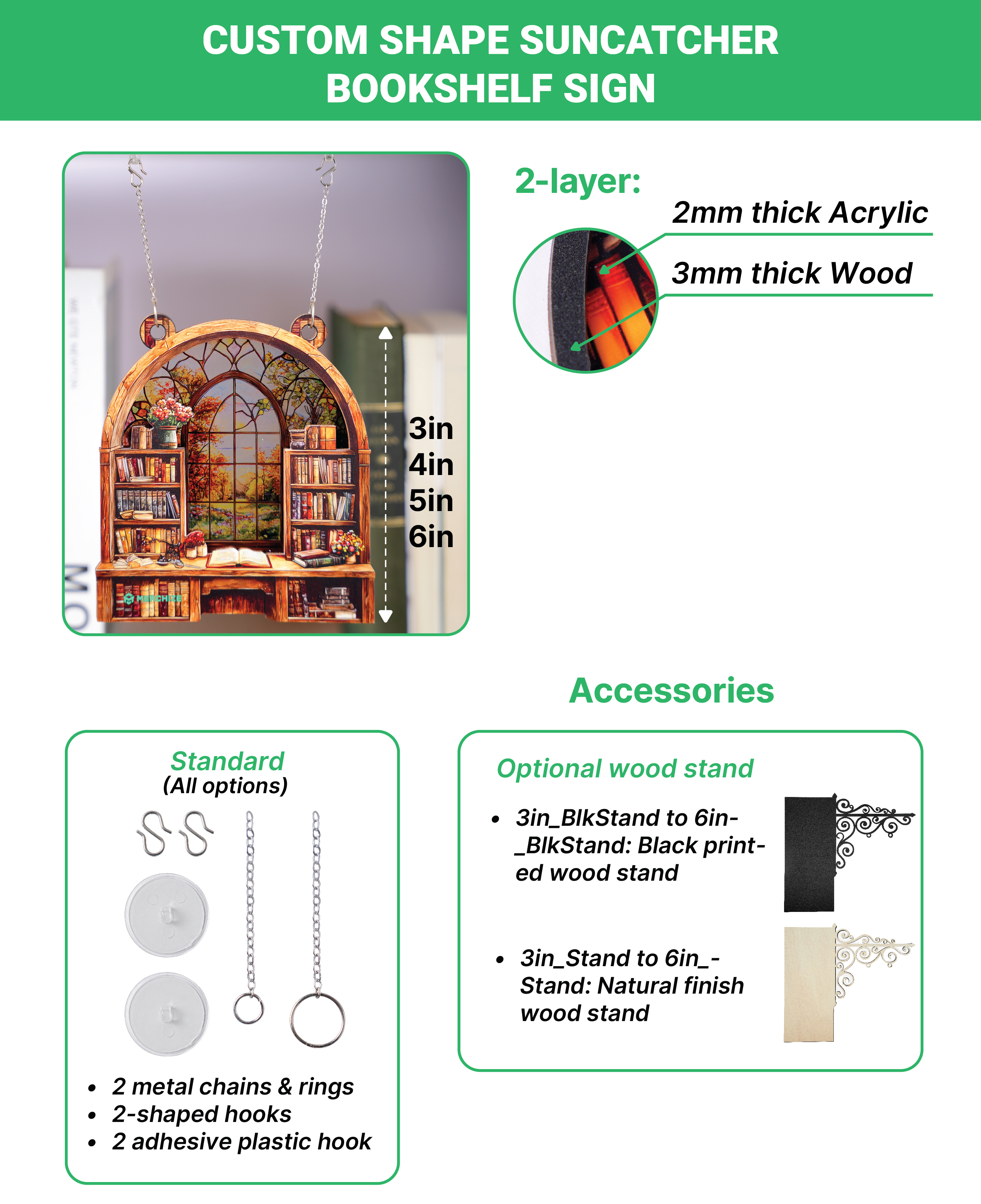 Custom Shape Suncatcher Bookshelf Sign size chart