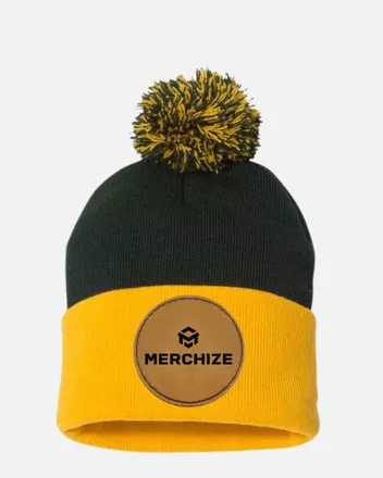 Engraved Leather Patch Pom-Pom Cuffed Beanie SP15 (Made in US) 