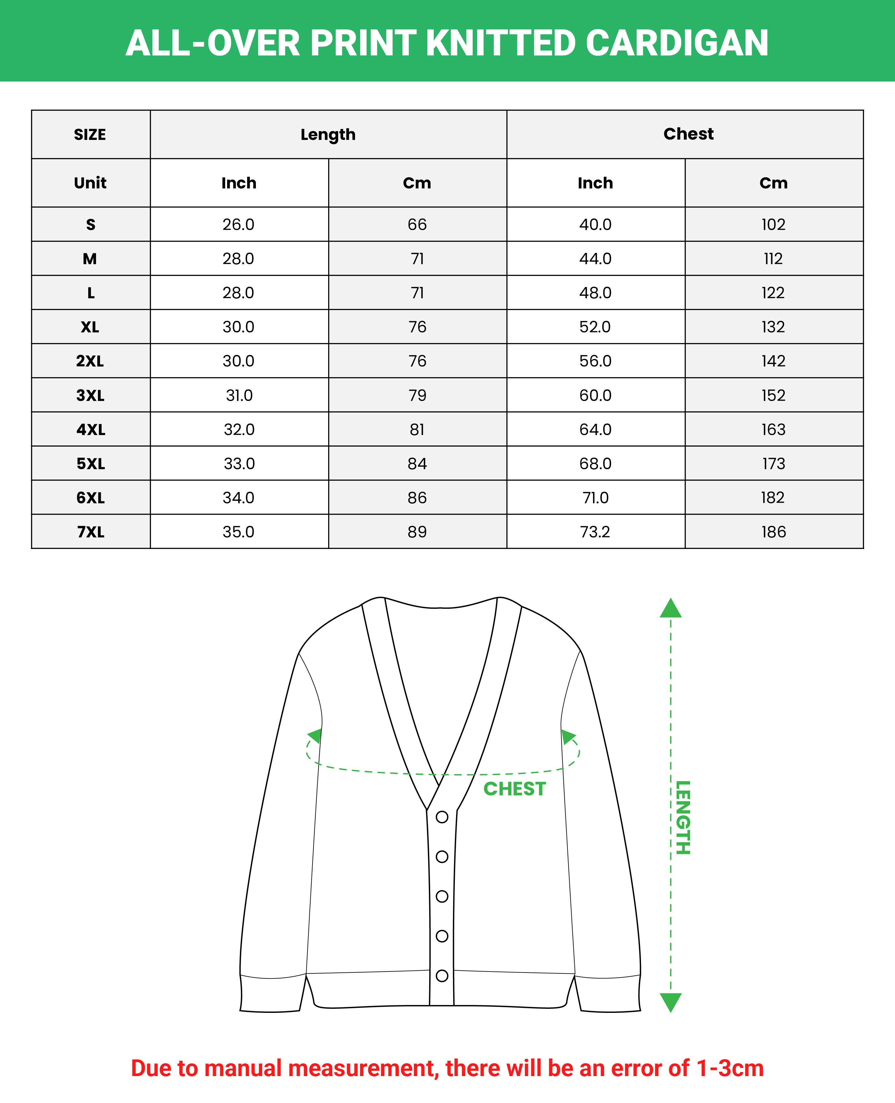 Print on demand cardigan size chart