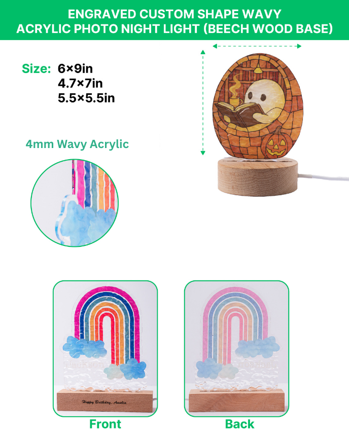 Engraved Custom Shape Wavy Acrylic Photo Night Light (Beech wood base)