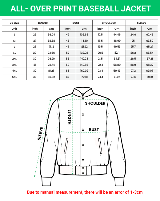 print on demand varsity jacket size chart