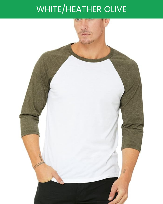 Unisex 3/4 Sleeve Baseball T-shirt Bella Canvas 3200 White Heather Olive