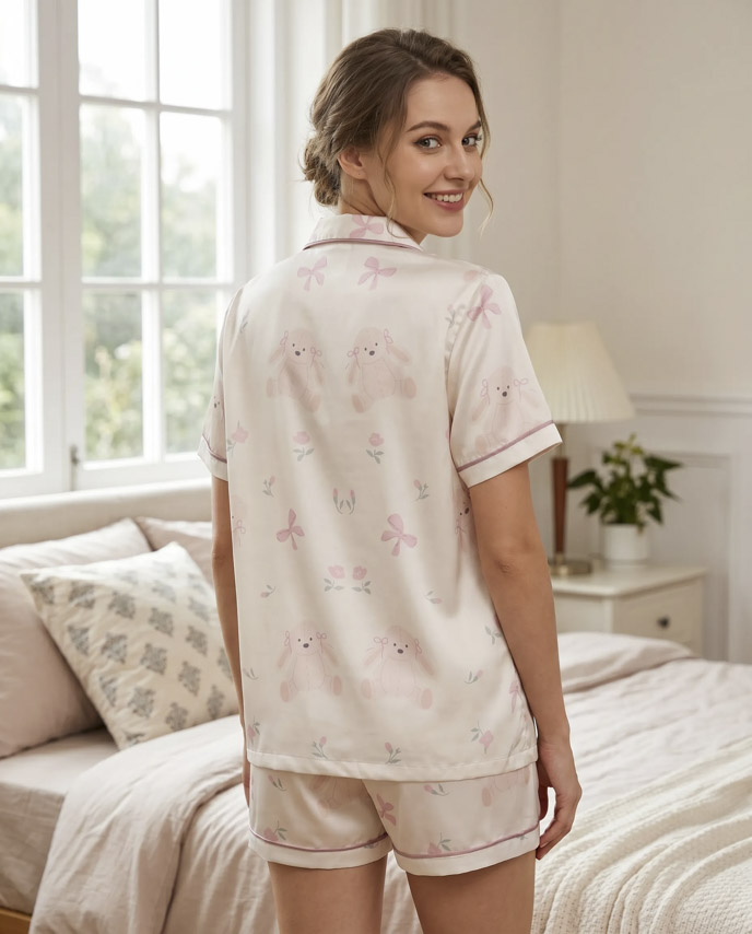 All-over Print Satin Short-Sleeve Pajamas Set Without Pocket (Loose Shorts)