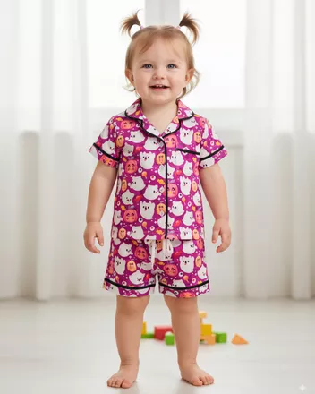All-over Print Kid and Youth Satin Short-Sleeve Pajamas Set